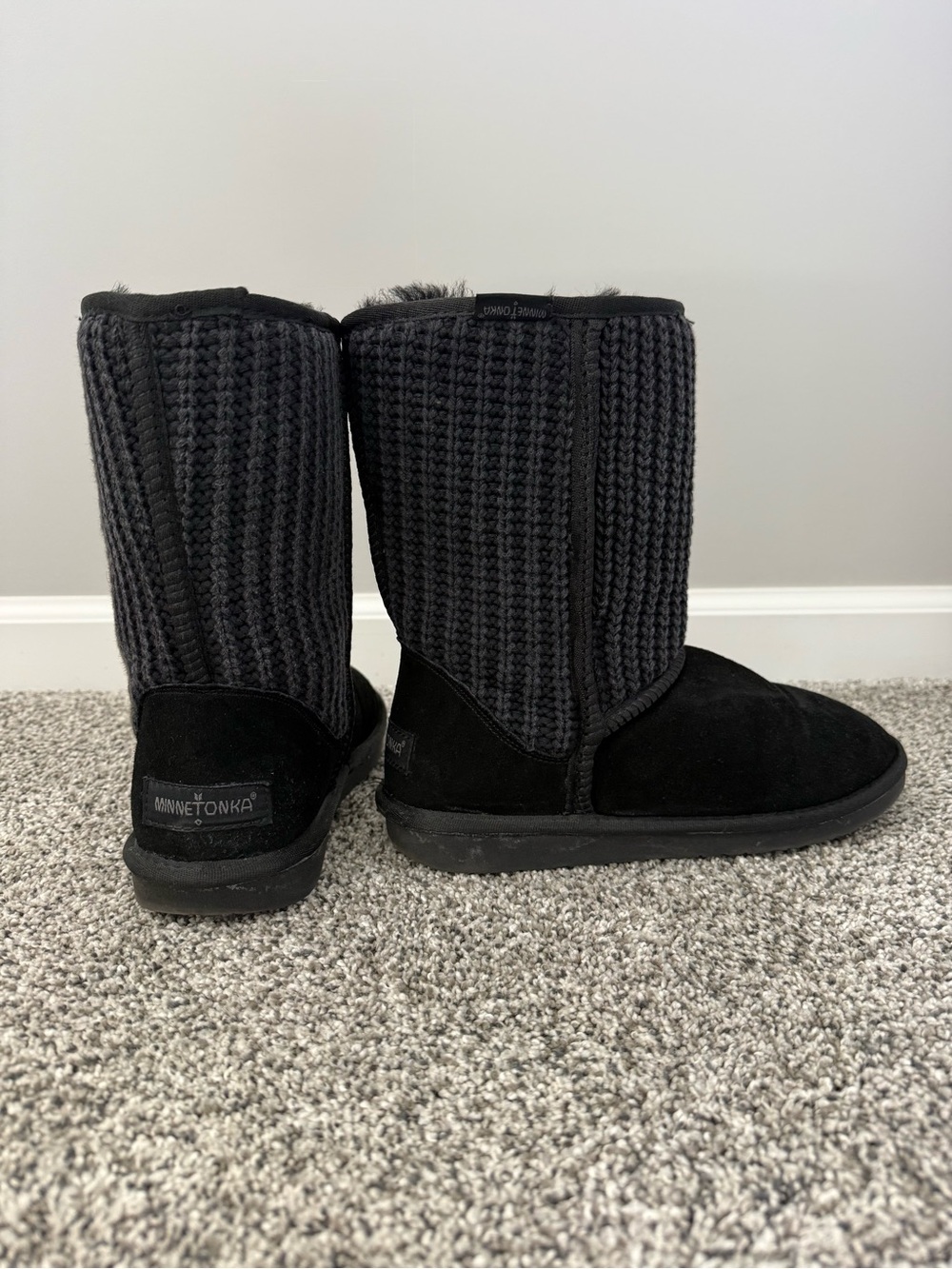 Minnetonka Black Knit Suede Mid-Calf Winter Boots